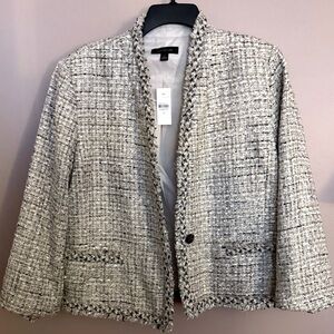 ANN TAYLOR WOMEN'S SIZE 14 TWEED FRINGE BLAZER JACKET SPARKLE BUTTON FAUX POCKET